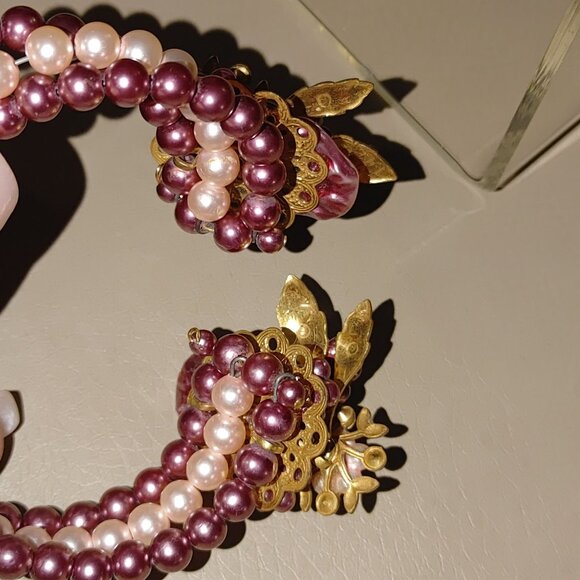Cuff Beaded Bracelet Vintage Pink Gold Floral Beaded Rhinestones Faux Pearl - Picture 12 of 16